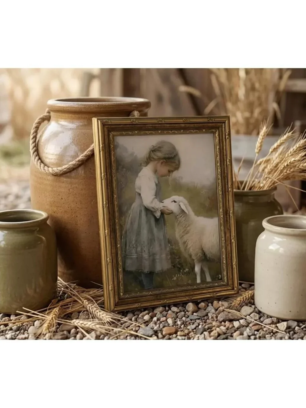Vintage Gold Framed Cottagecore Wall Art - Aesthetic Sheep Print Decor 9x11in